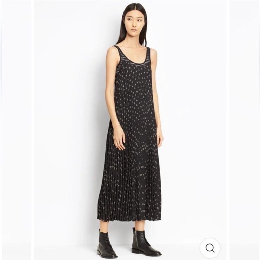 Vince Black with Floral Pattern Pleated Cami Dress Size Small